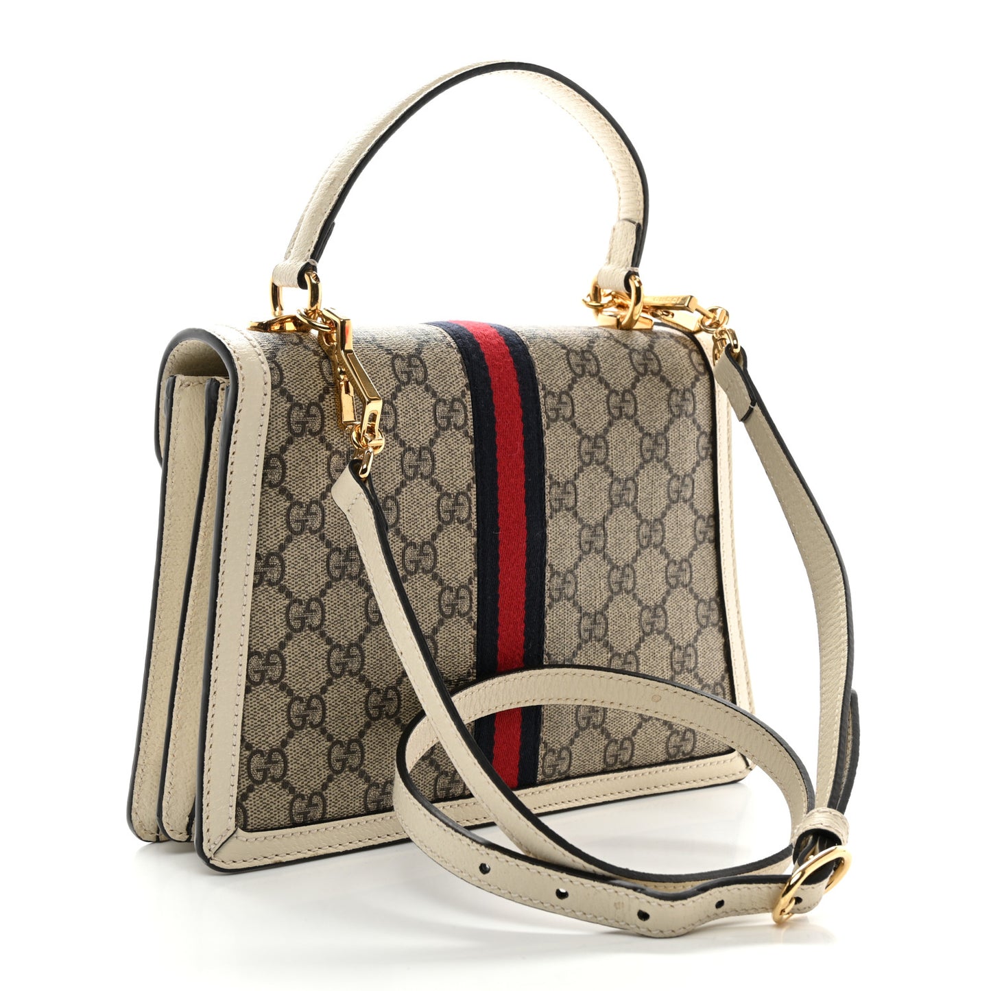 GG Supreme Monogram Textured Dollar Calfskin Web Small Ophidia Padlock Top Handle Bag Beige Ebony Mystic White