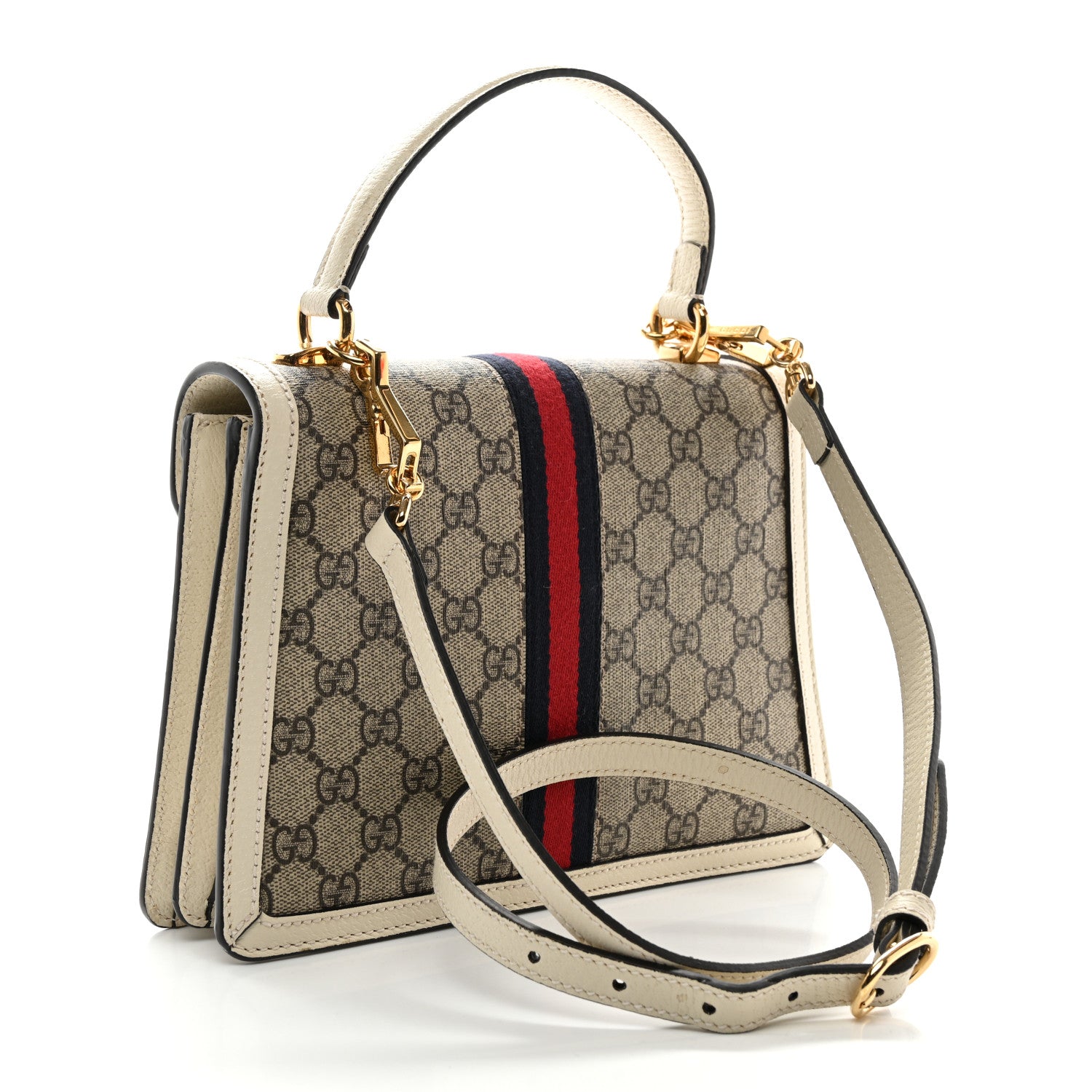 Gucci GG Supreme Monogram Textured Dollar Calfskin Web Small Ophidia Padlock Top Handle Bag Beige Ebony Mystic White 3 of 12