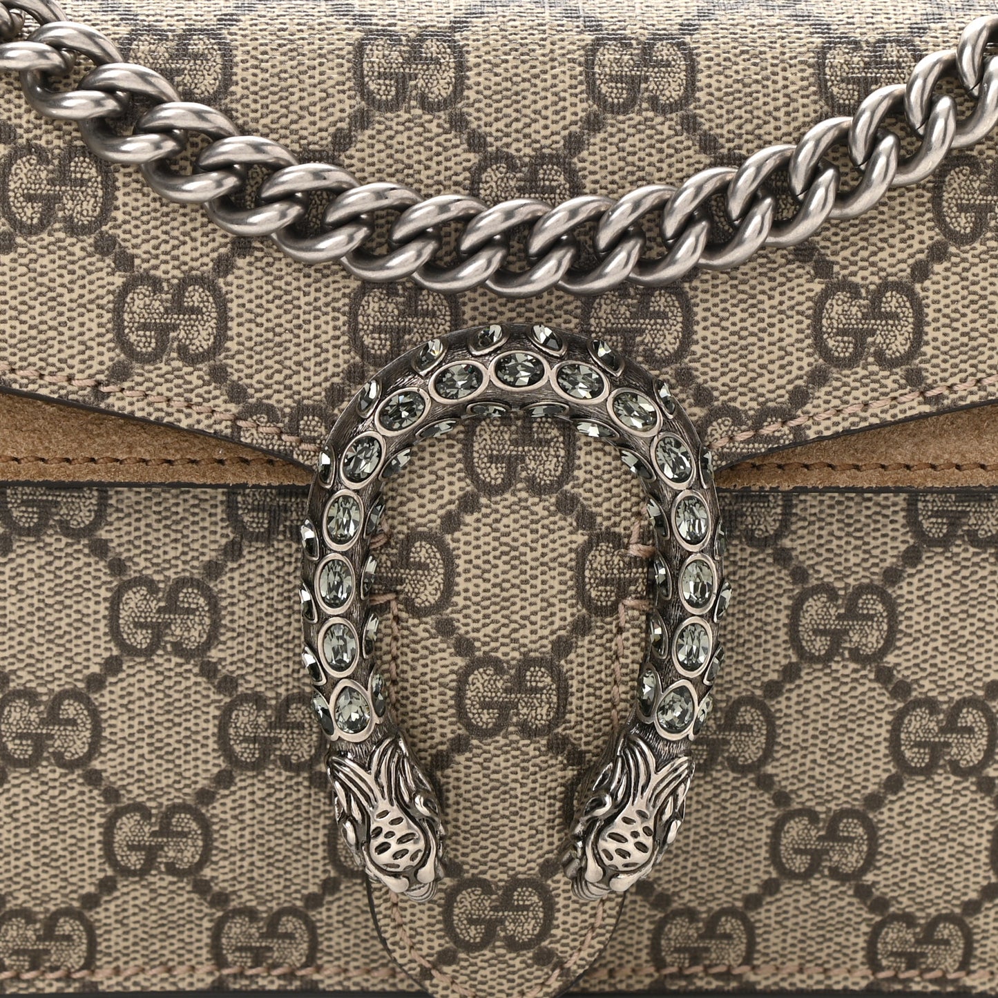 GG Supreme Monogram Suede Crystal Small Dionysus Shoulder Bag Beige Ebony Taupe