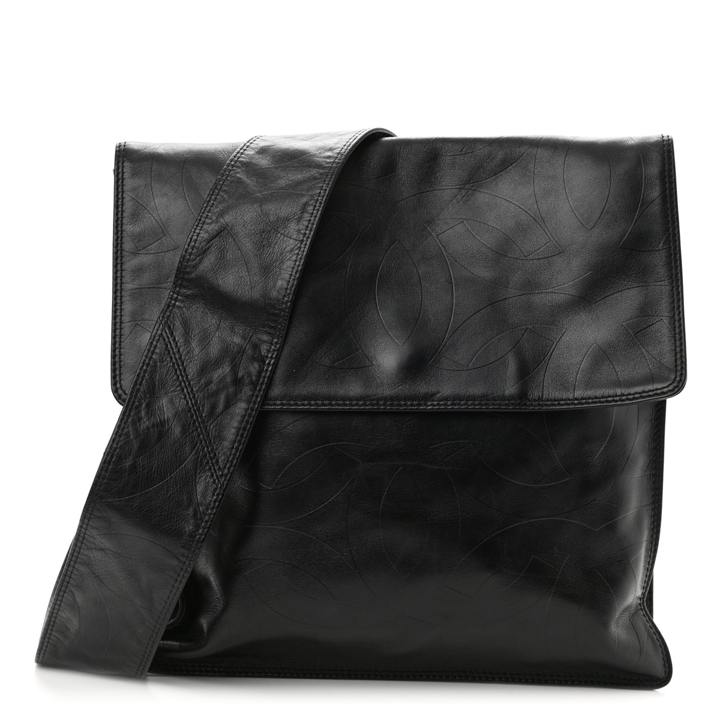 Calfskin Embossed CC Messenger Bag Black