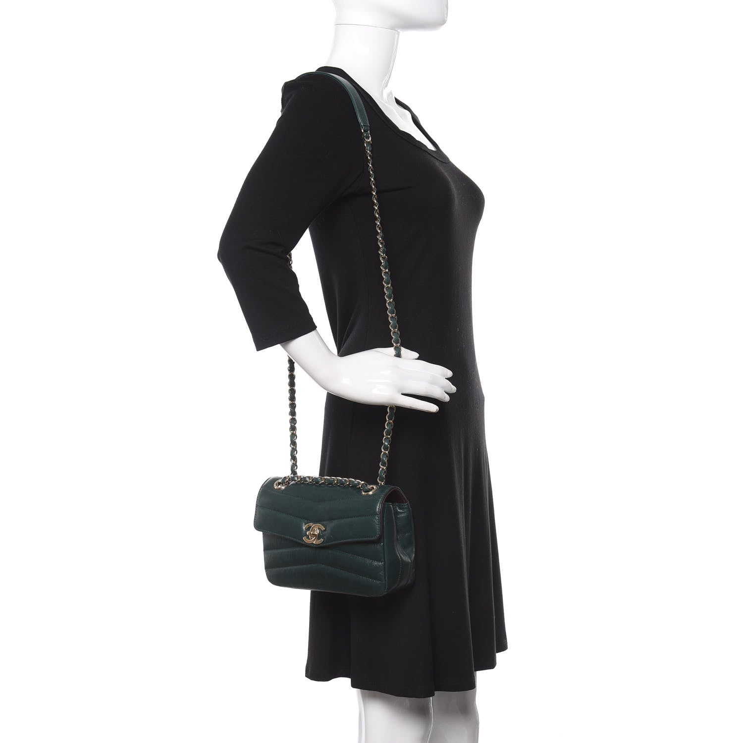 Chanel Shiny Lambskin Quilted Small Chevron Miroir Dark Green 2 of 10