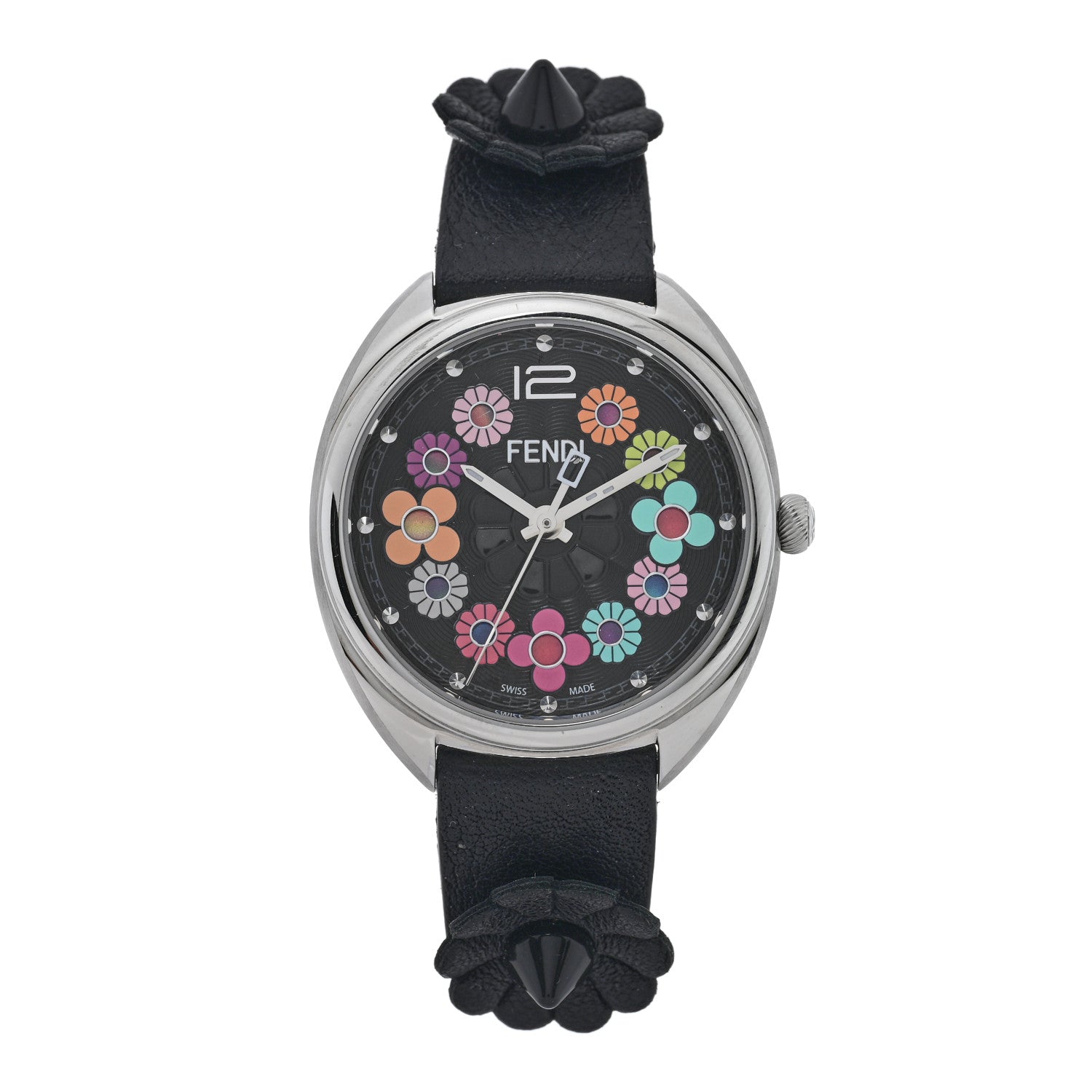 Fendi Stainless Steel Calfskin 34mm Momento Flowerland Quartz Watch Black 1 of 5