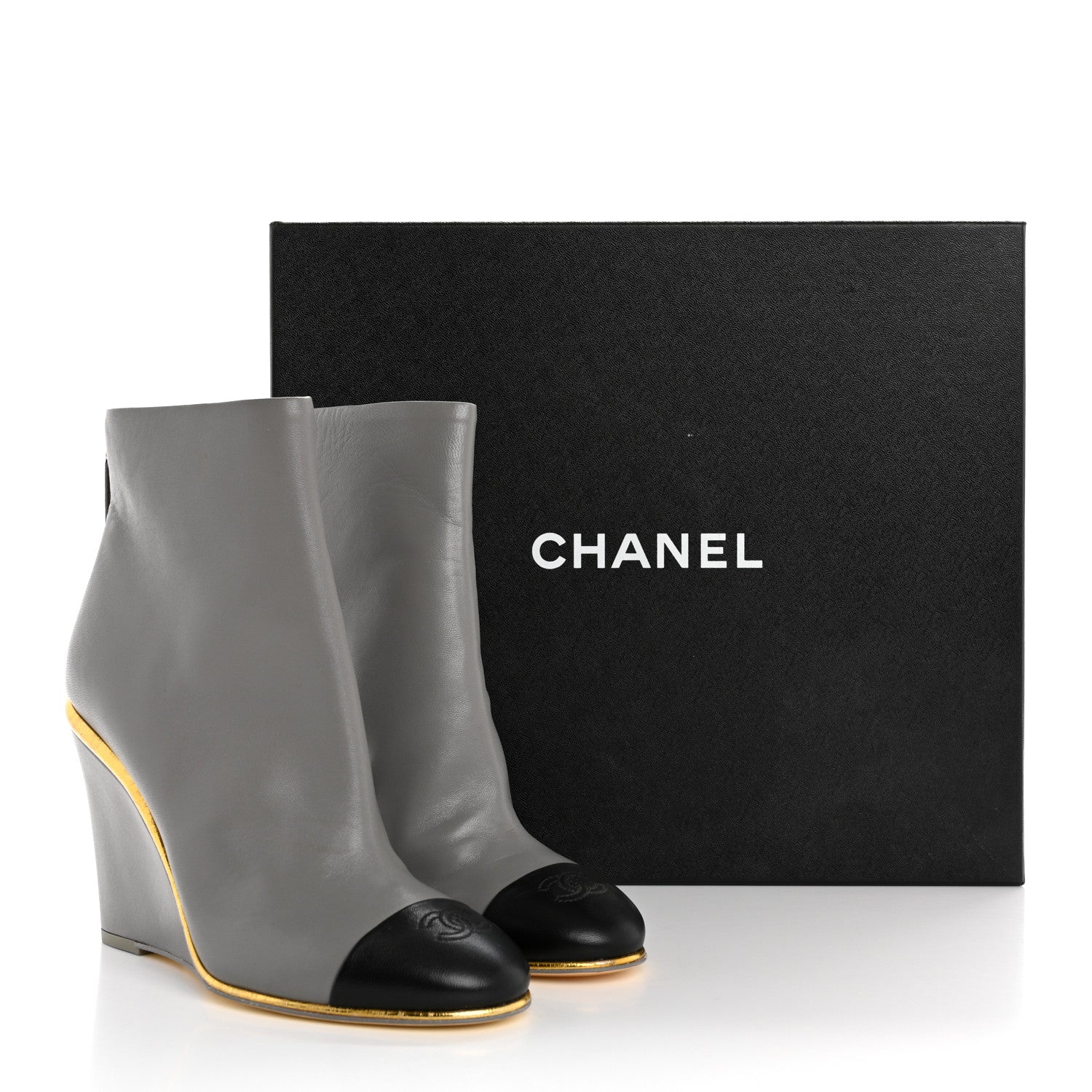 Chanel Lambskin Cap Toe Open Wedge Ankle Boots 36.5 Grey Black 12 of 12