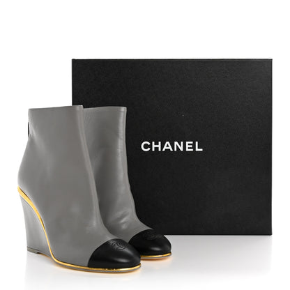 Chanel Lambskin Cap Toe Open Wedge Ankle Boots 36.5 Grey Black 12 of 12