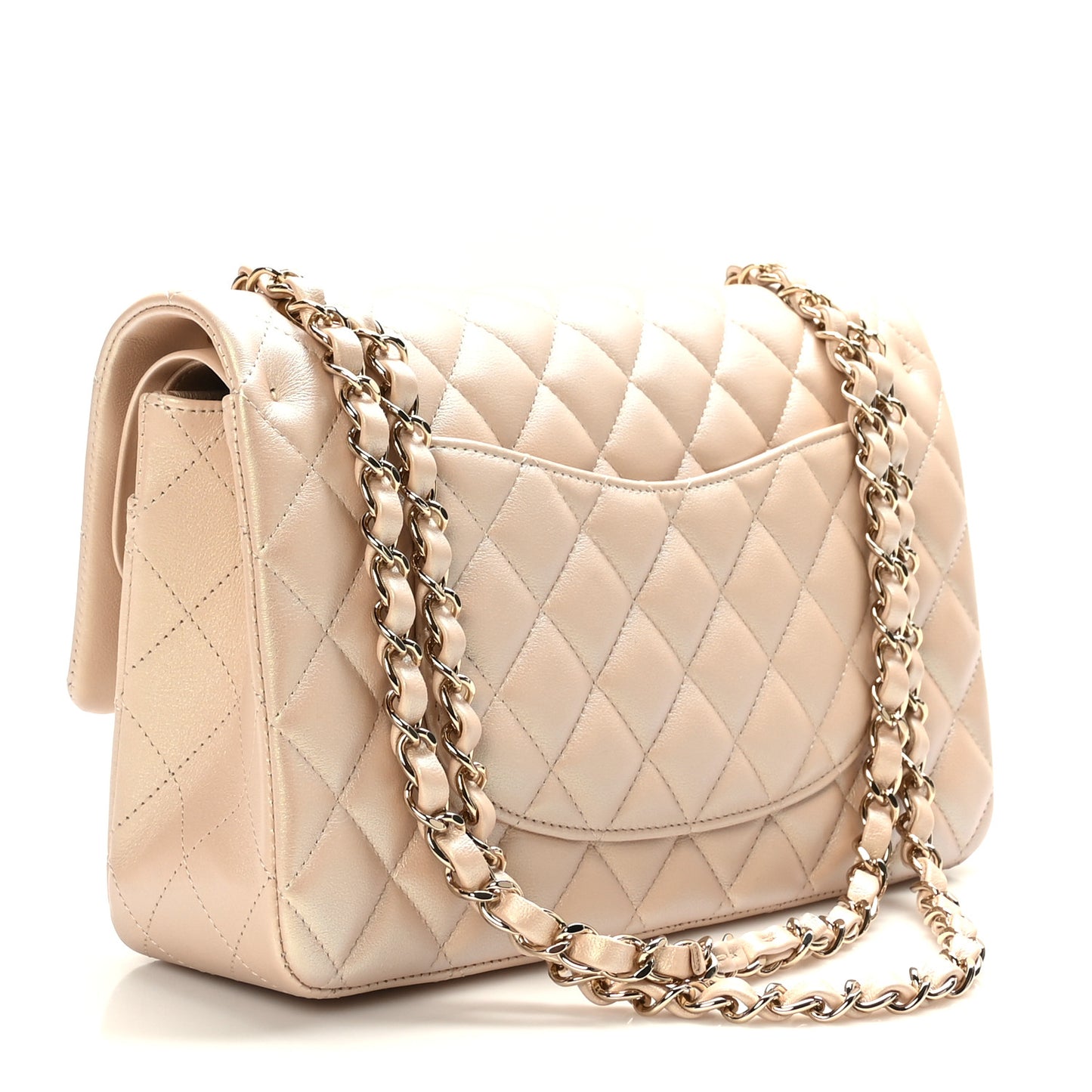 Iridescent Calfskin Quilted Medium Double Flap Beige