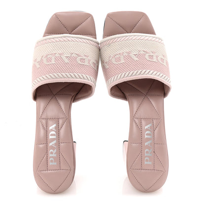 Prada Fabric Logo Embroidered 65mm Block Heel Slide Sandals 38 Alabastro Talco 2 of 9