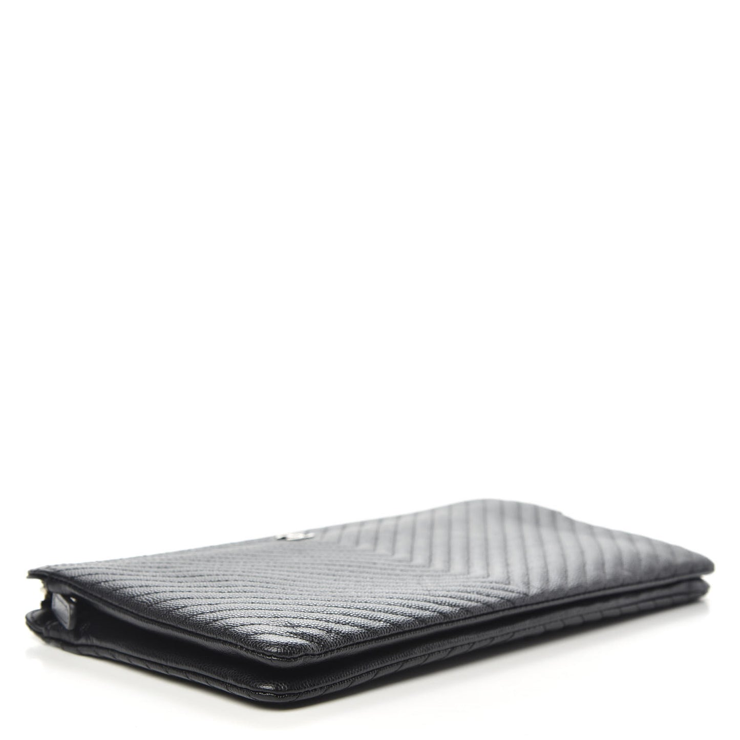 Caviar Chevron Quilted Large Zipped Clutch Black