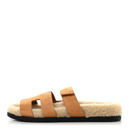 Hermes Suede Goatskin Woolskin Womens Chypre Sandals 41 Golden Beige 1 of 8