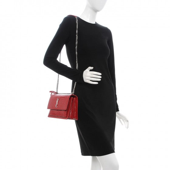 Saint Laurent Calfskin Crocodile Embossed Medium Monogram Sunset Rouge Eros 2 of 9
