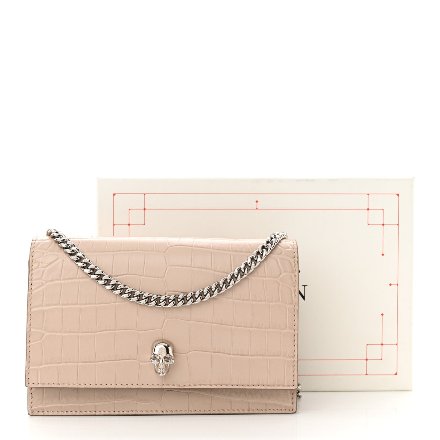 Calfskin Crocodile Embossed Skull Mini Crossbody Bag Beige