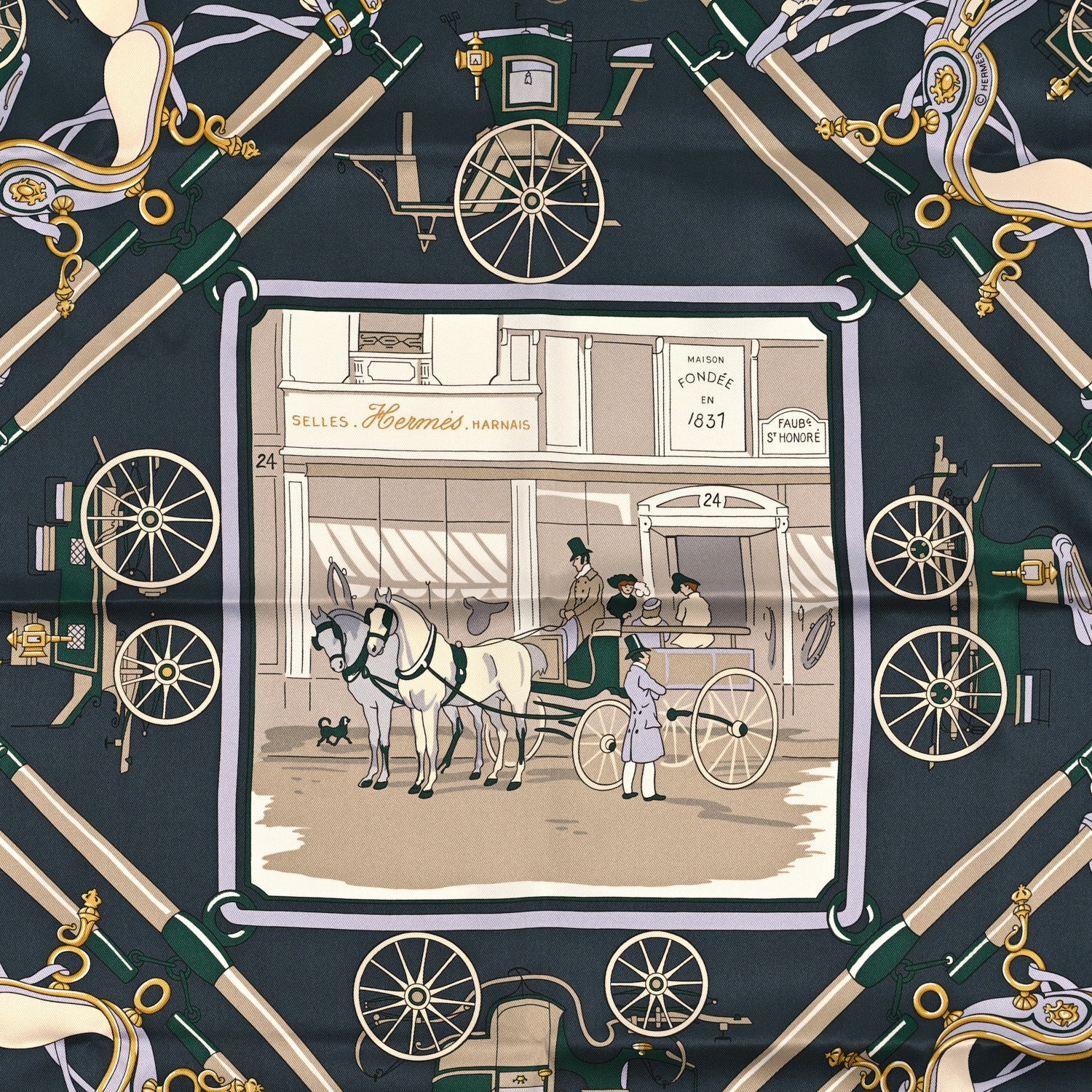 Hermes Silk Palonniers Scarf 70 Creme Vert Anthracite 2 of 3