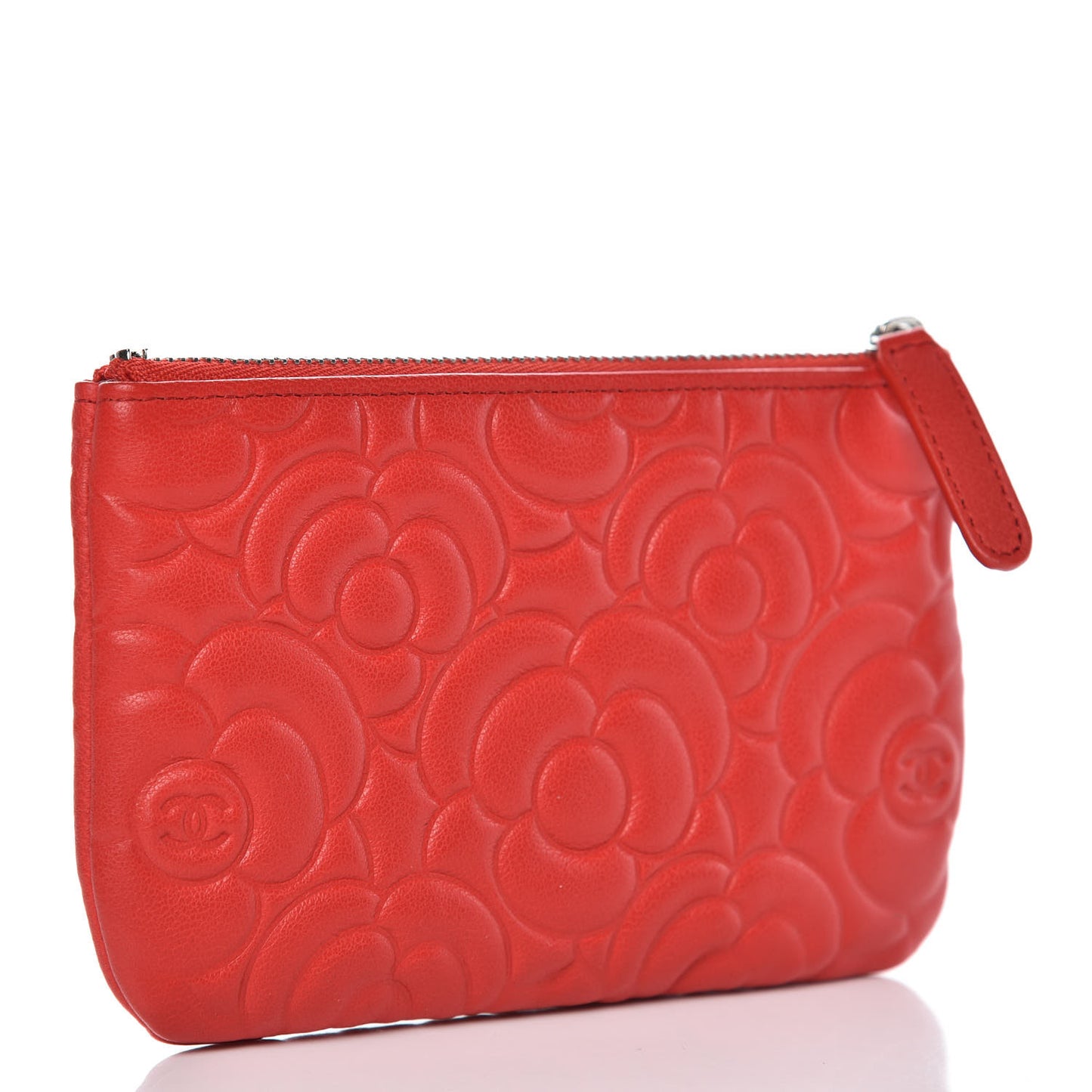 Goatskin Camellia Embossed Cosmetic Pouch Red