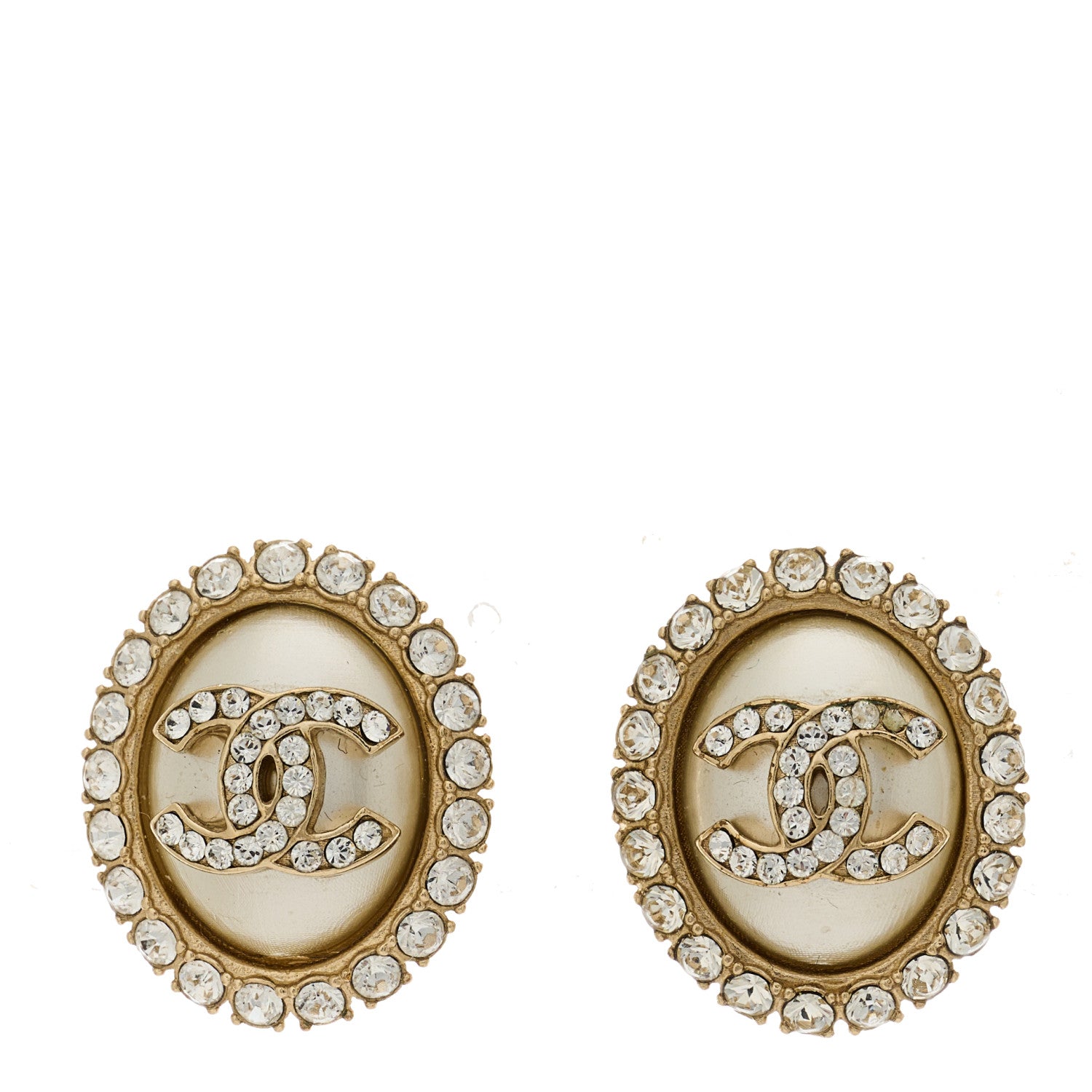 Chanel Crystal Enamel CC Round Earrings Light Gold White 1 of 5