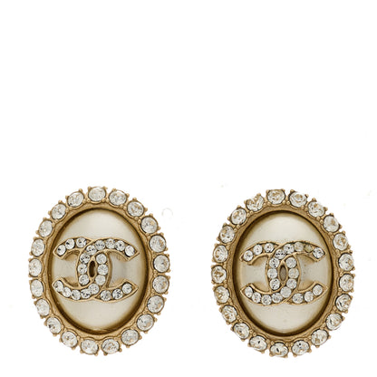 Chanel Crystal Enamel CC Round Earrings Light Gold White 1 of 5