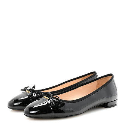 Prada Nappa Vernice Cap Toe Logo Bow Ballerina Flats 37.5 Black 4 of 9