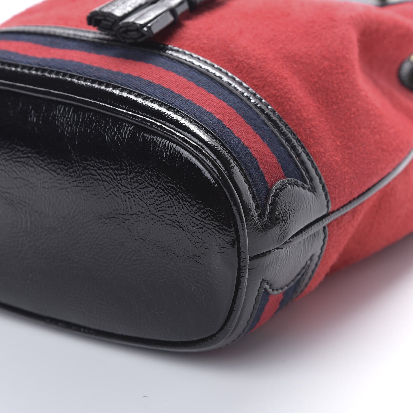 Suede Patent Web Small Ophidia Bucket Bag Hibiscus Red Black
