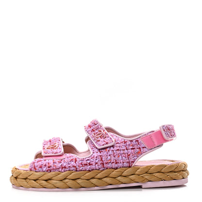 Chanel Tweed Patent Calfskin Velcro Dad Sandals 37 Light Purple Pink Red 1 of 7