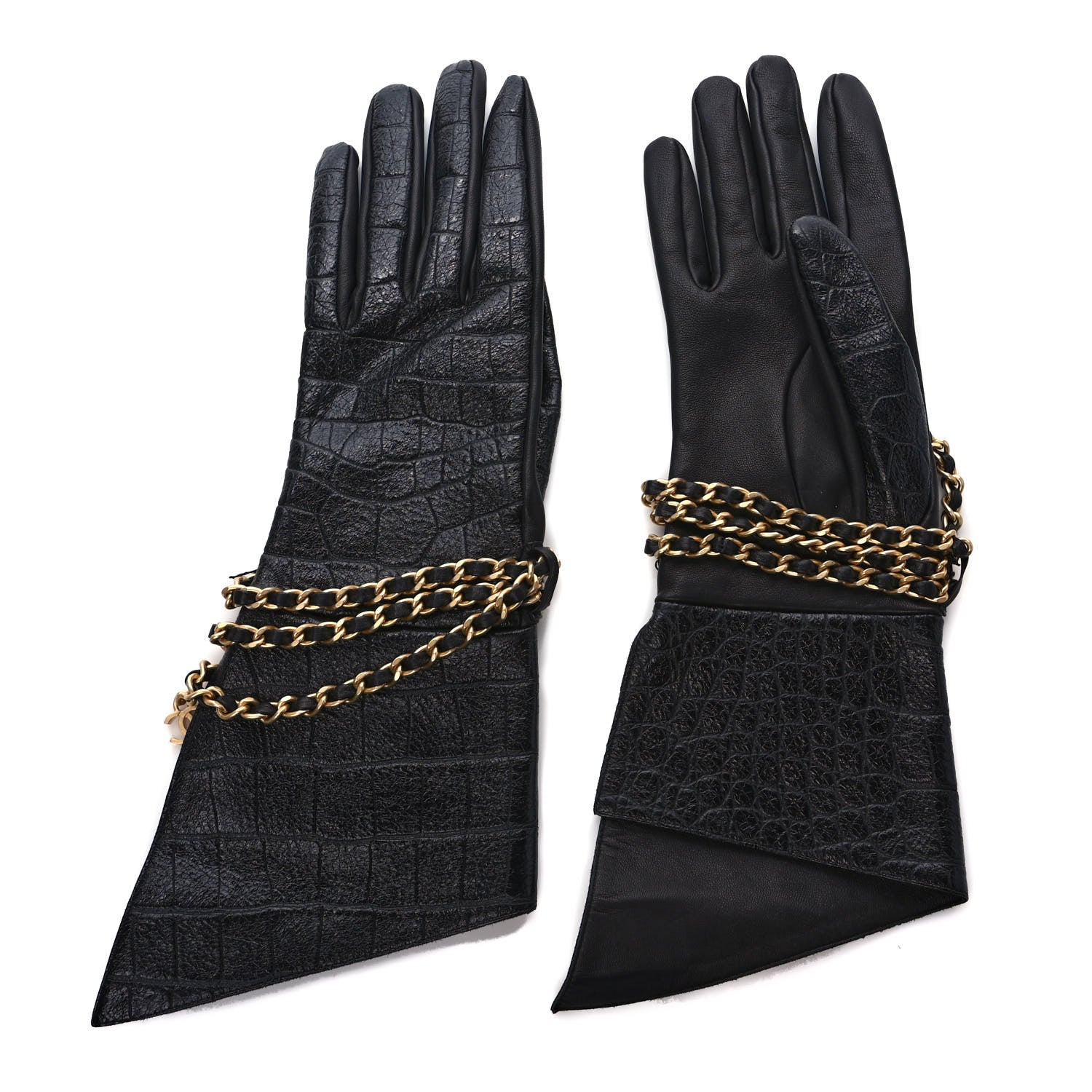 Chanel Lambskin Crocodile Embossed Chain Gloves 7.5 Black 1 of 5