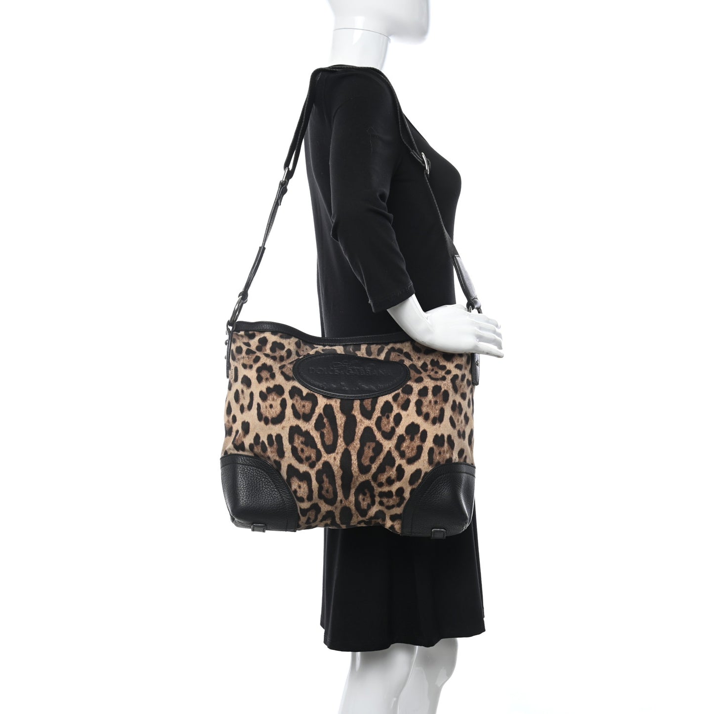 Leopard Print Canvas Calfskin Messenger Bag Black