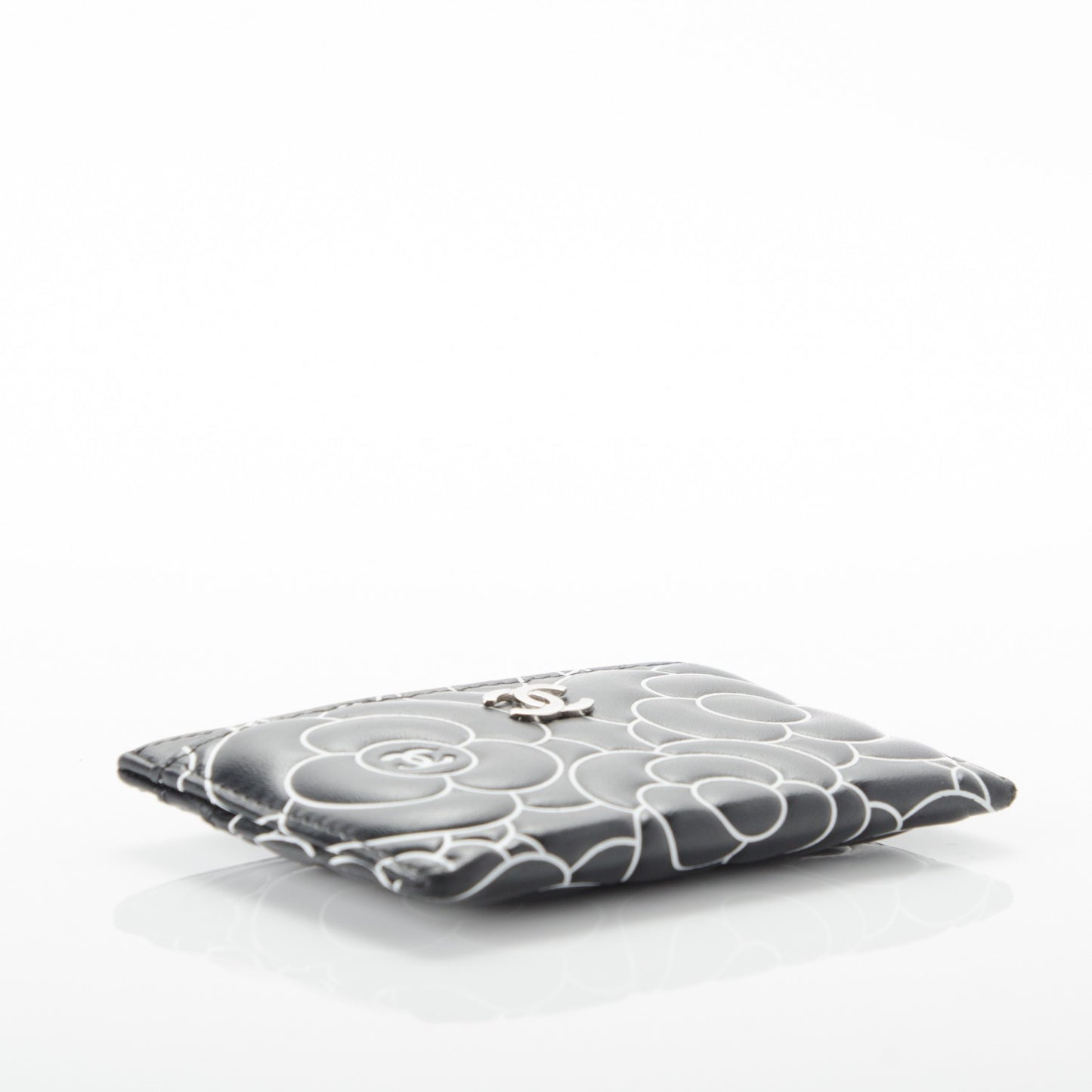 Lambskin Camellia Embossed Card Holder Black White