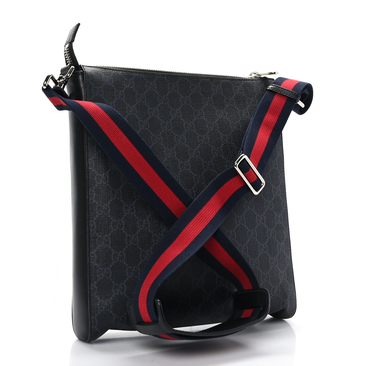 GG Supreme Monogram Appia Calfskin Web Flat Messenger Bag Black Grey