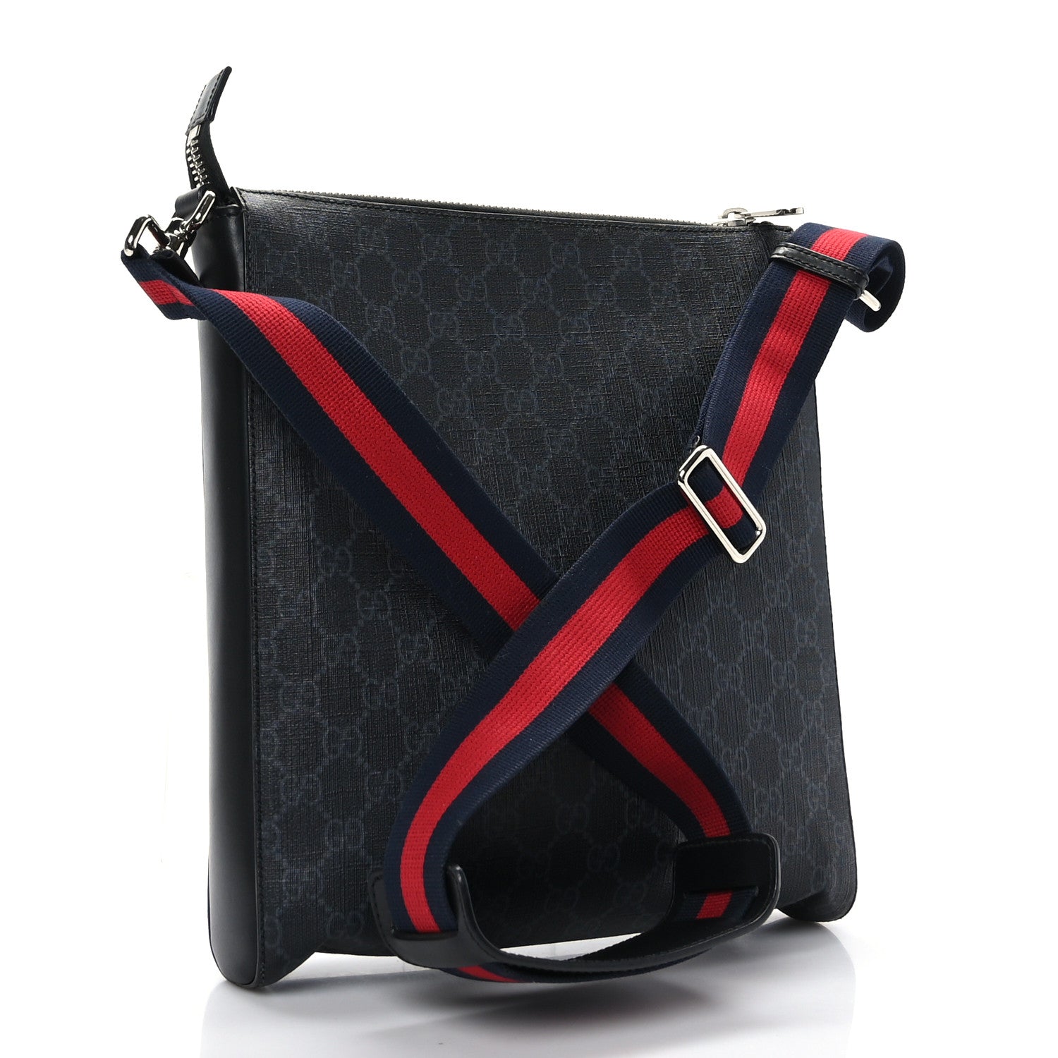 Gucci GG Supreme Monogram Appia Calfskin Web Flat Messenger Bag Black Grey 3 of 10