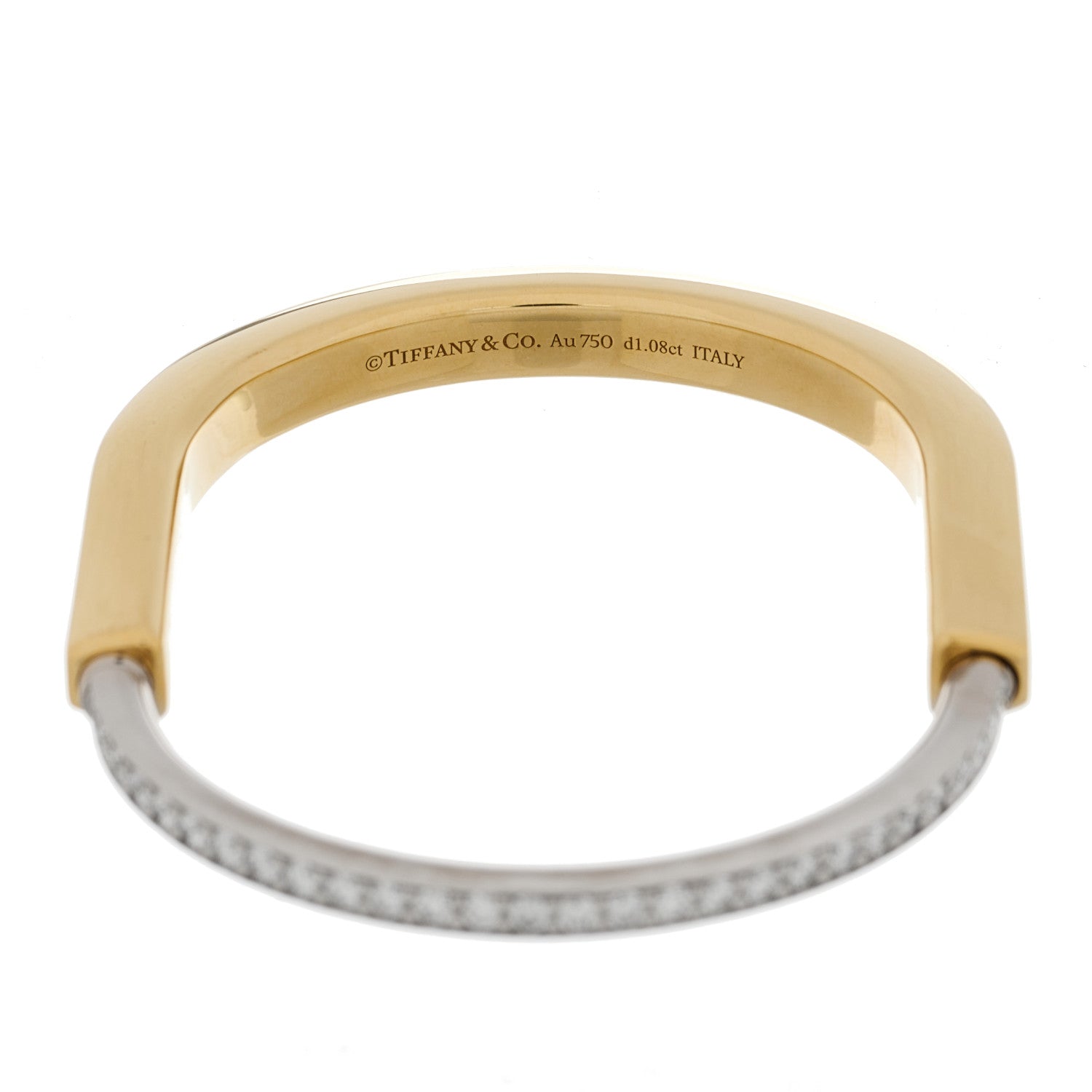 Tiffany 18K Yellow White Gold Diamond Tiffany Lock Half Pave Bangle Bracelet 6 of 7