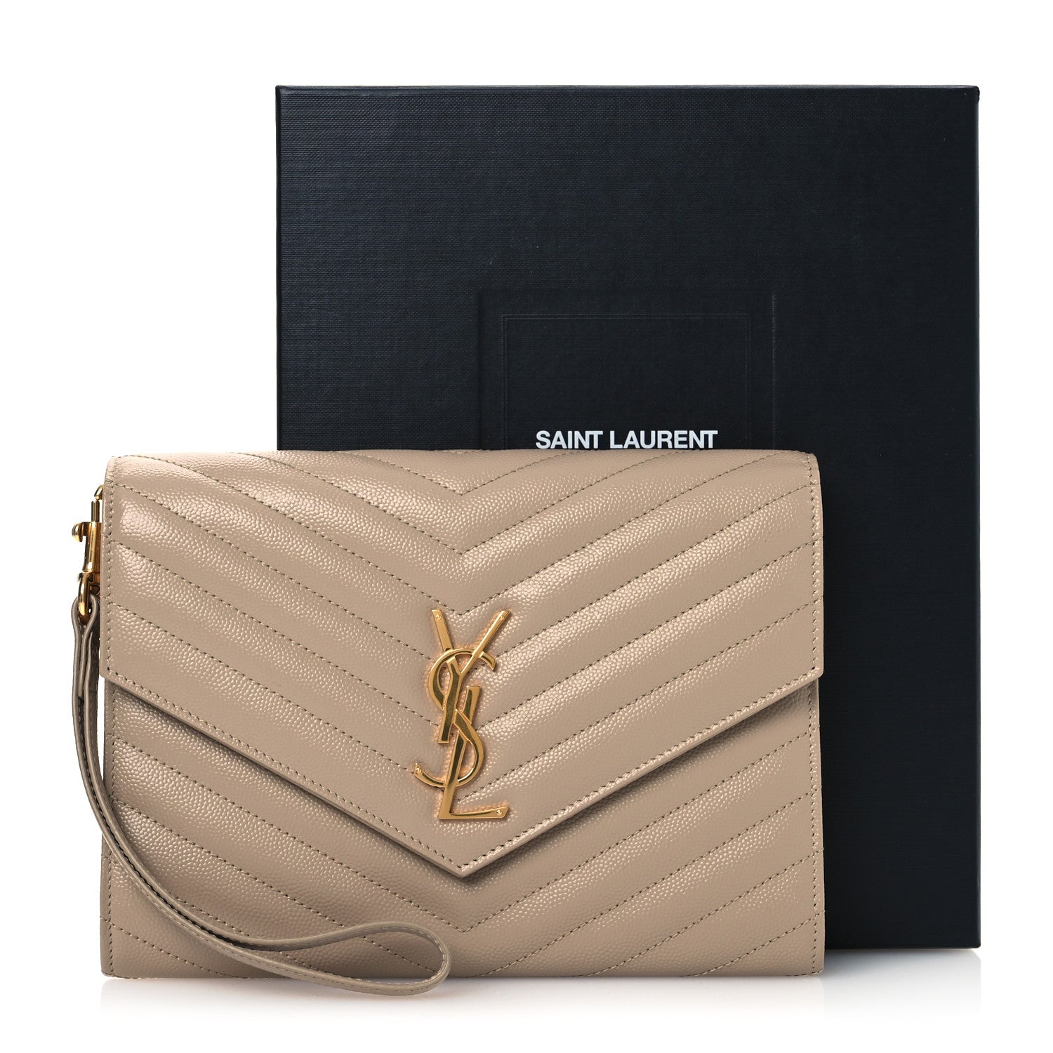 Saint Laurent Grain De Poudre Matelasse Chevron Monogram Envelope Clutch Dark Beige 11 of 11