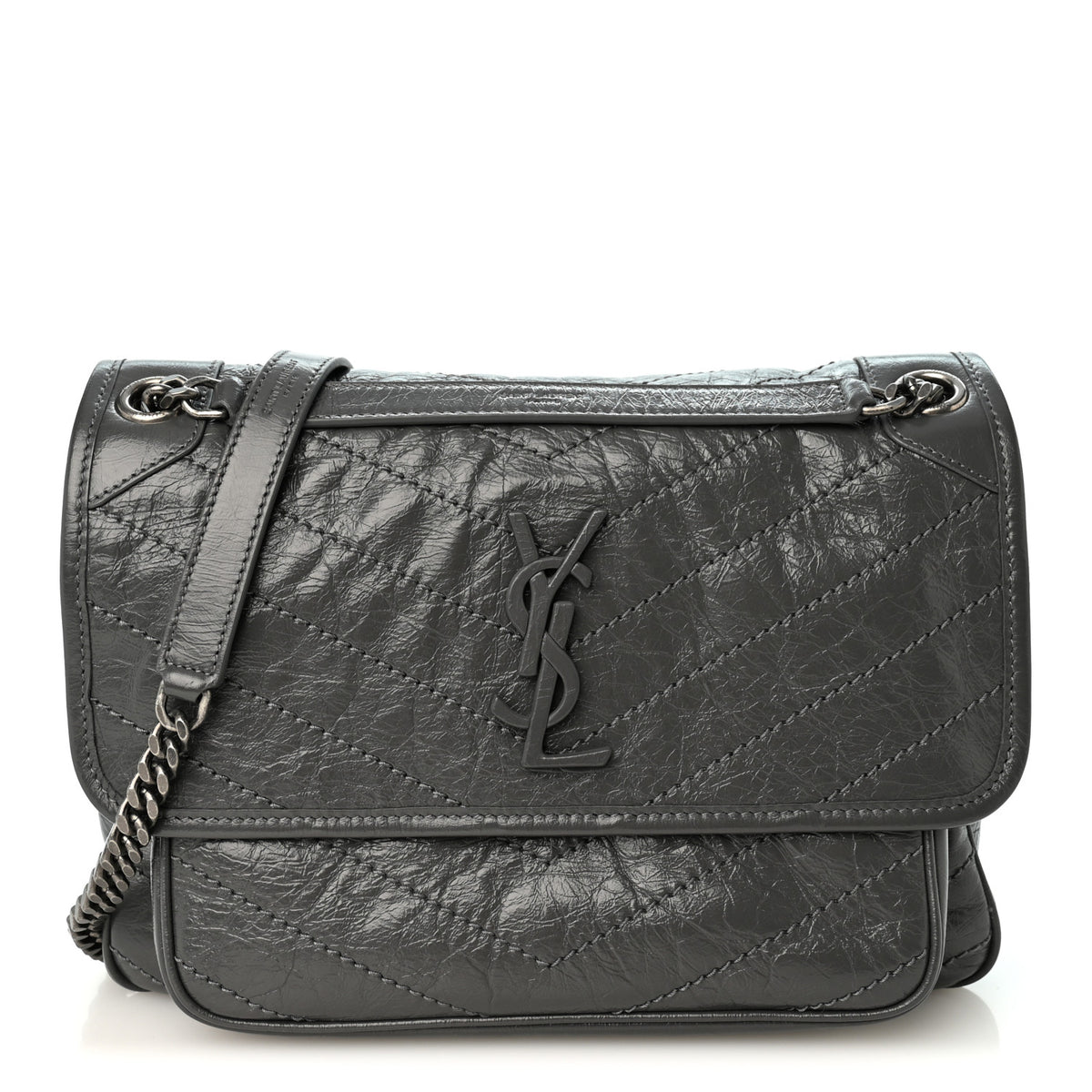 Crinkled Calfskin Matelasse Monogram Medium Niki Chain Satchel Fog