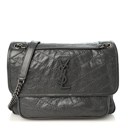 Saint Laurent Crinkled Calfskin Matelasse Monogram Medium Niki Chain Satchel Fog 1 of 10