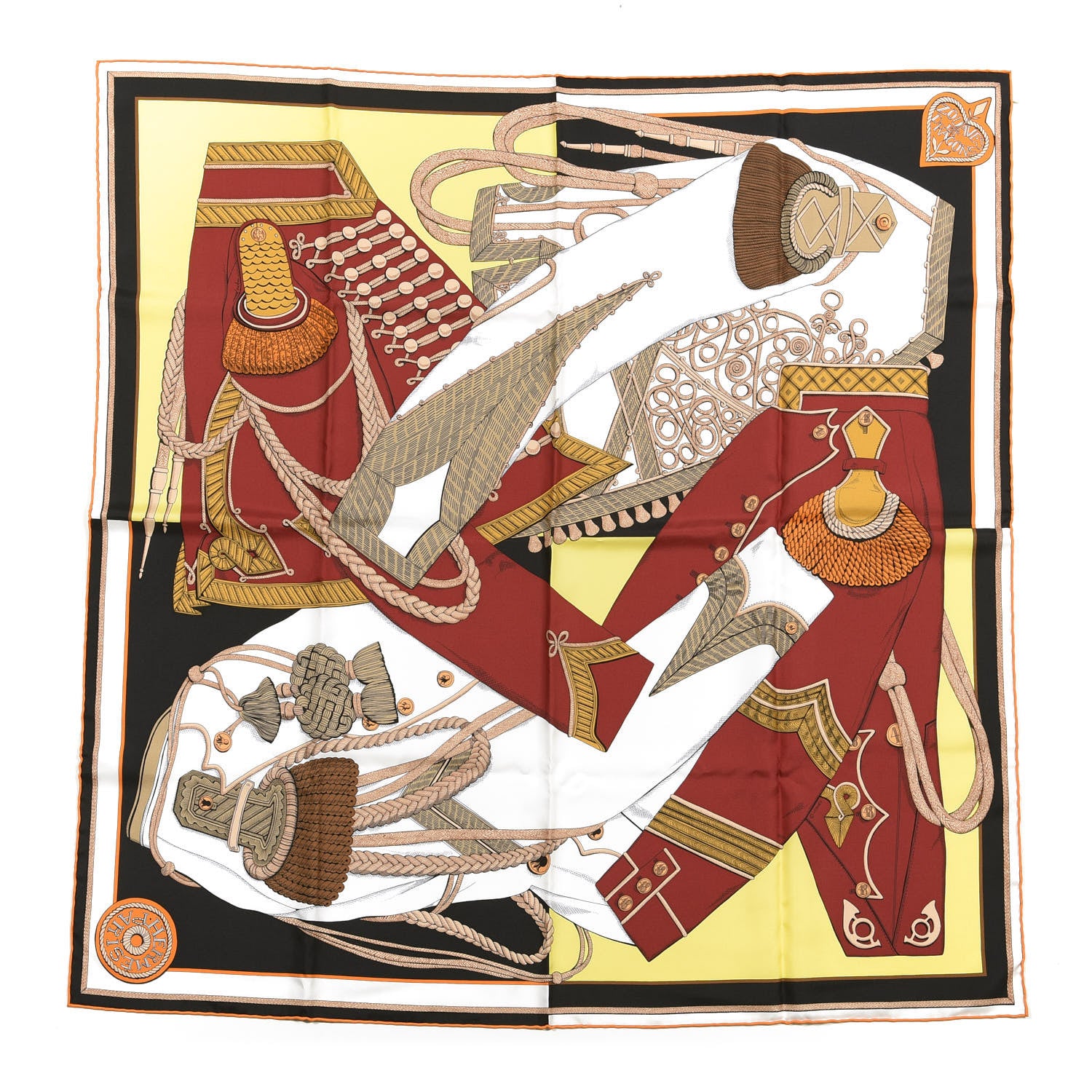 Hermes Silk Zouaves Et Dragons Scarf 90 Jaune Vif Bordeaux 1 of 3