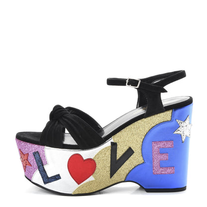 Saint Laurent Suede Glitter Calfskin Candy Love Platform Wedge Sandals 40 Black Multicolor 1 of 10