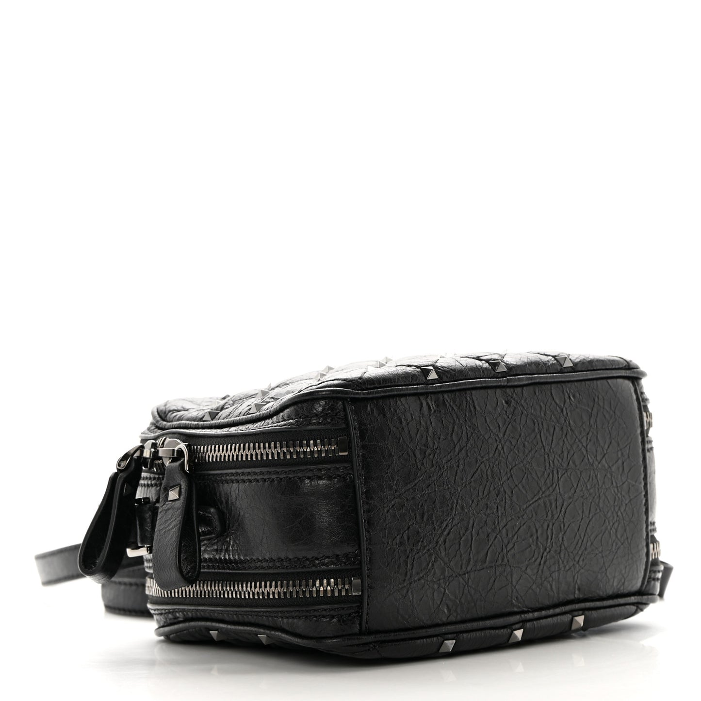 Craquele Nappa Rockstud Spike Double Zip Camera Crossbody Bag Black