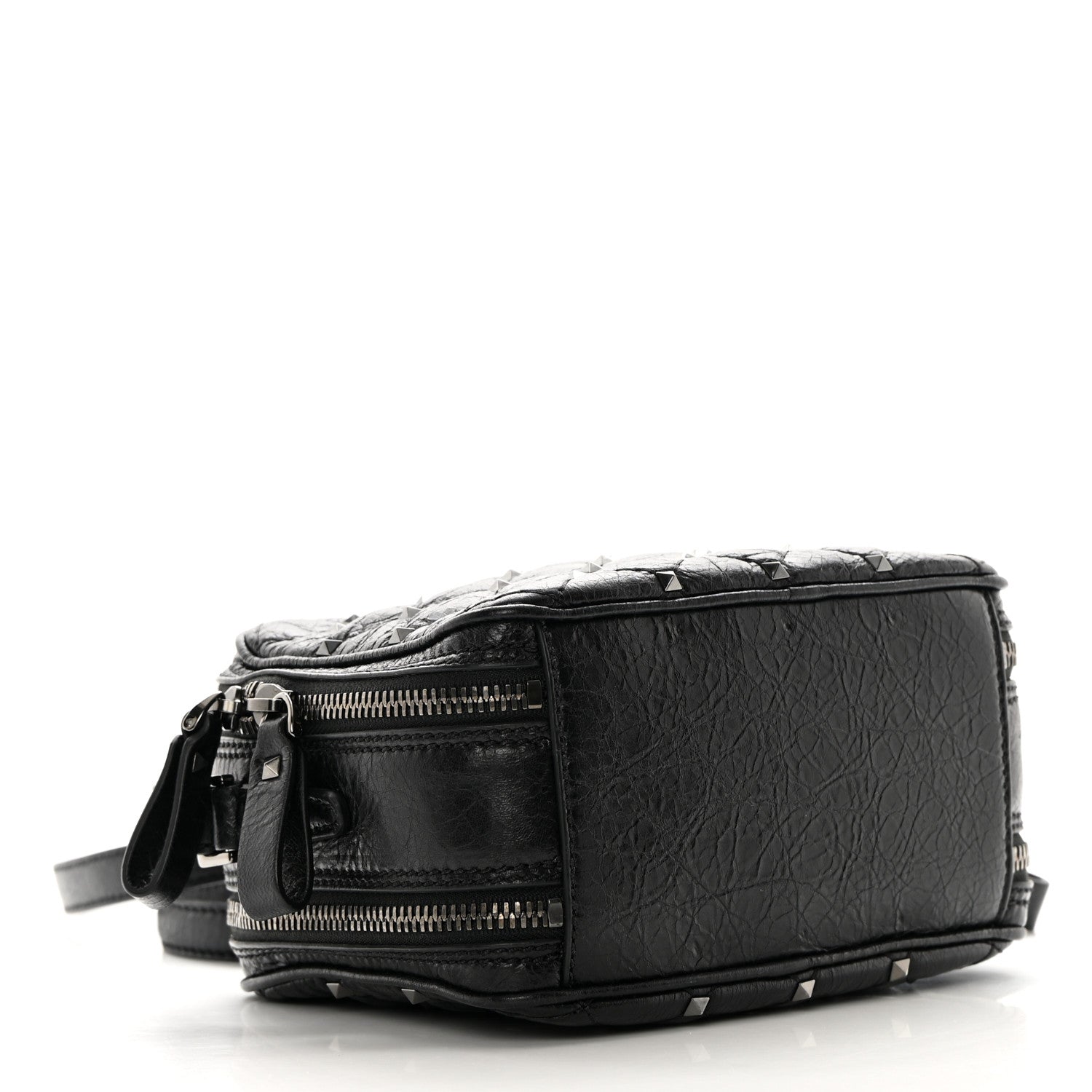 Valentino Garavani Craquele Nappa Rockstud Spike Double Zip Camera Crossbody Bag Black 4 of 13