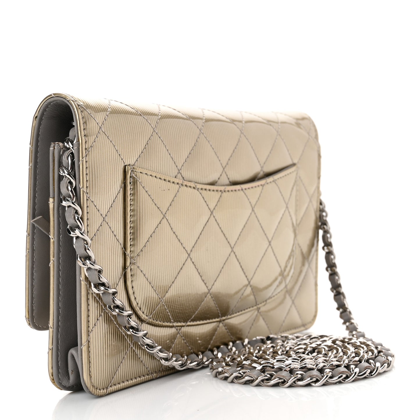 Striated Patent Quilted Wallet On Chain WOC Beige