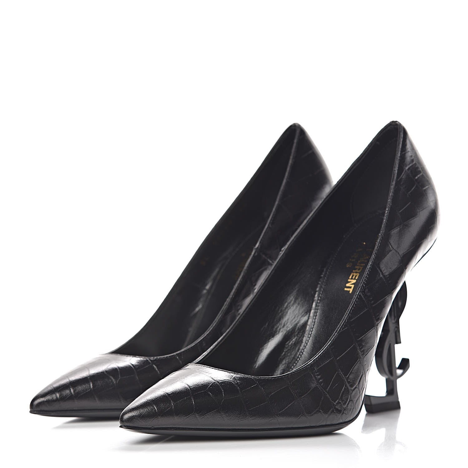 Saint Laurent Calfskin Crocodile Embossed Opyum 110 Pumps 38 Black 3 of 8