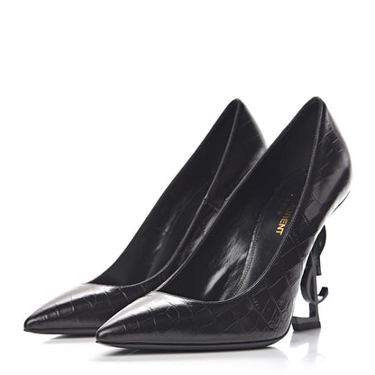 Saint Laurent Calfskin Crocodile Embossed Opyum 110 Pumps 38 Black 3 of 8