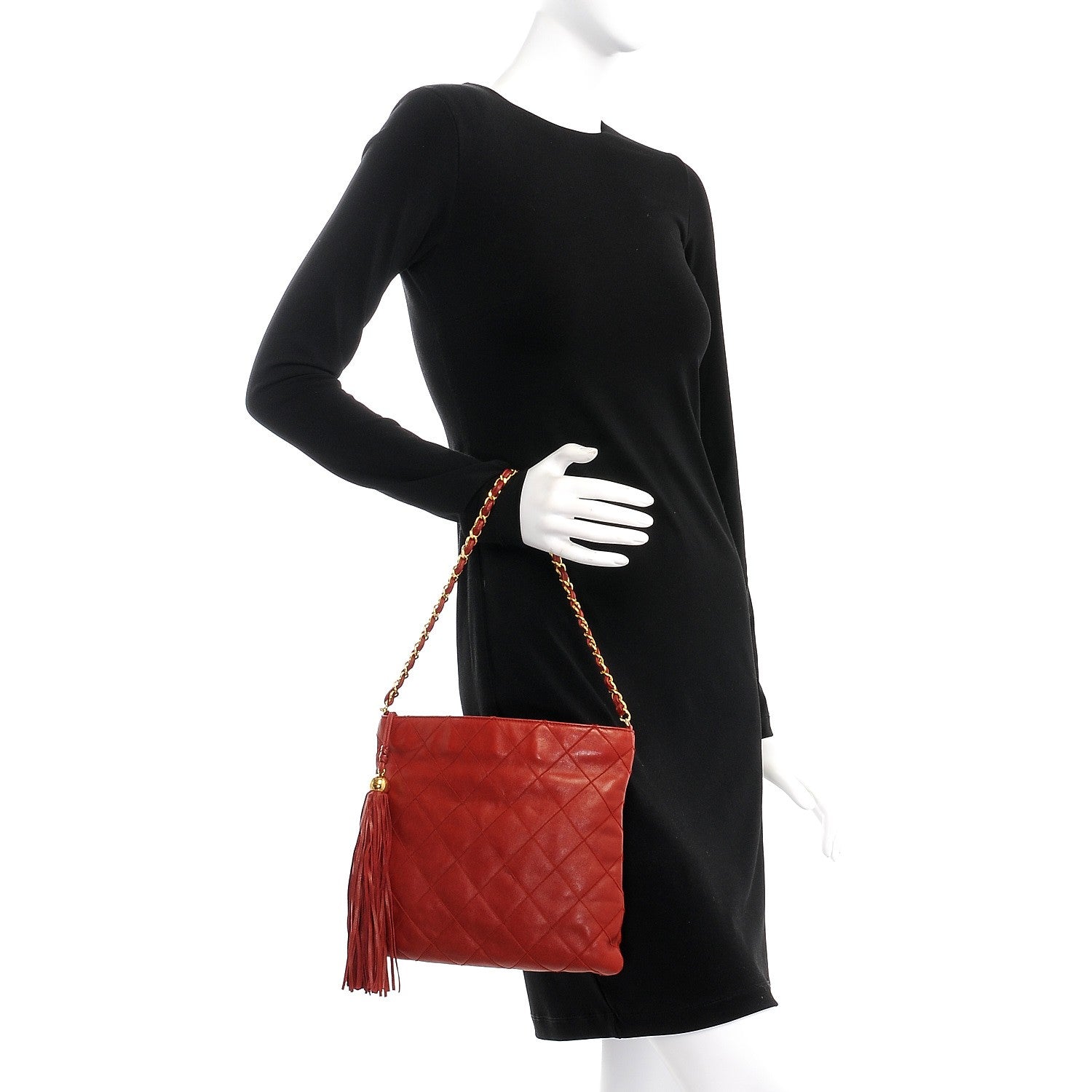 Chanel Lambskin Stitched Tassel Shoulder Bag Red 2 of 11