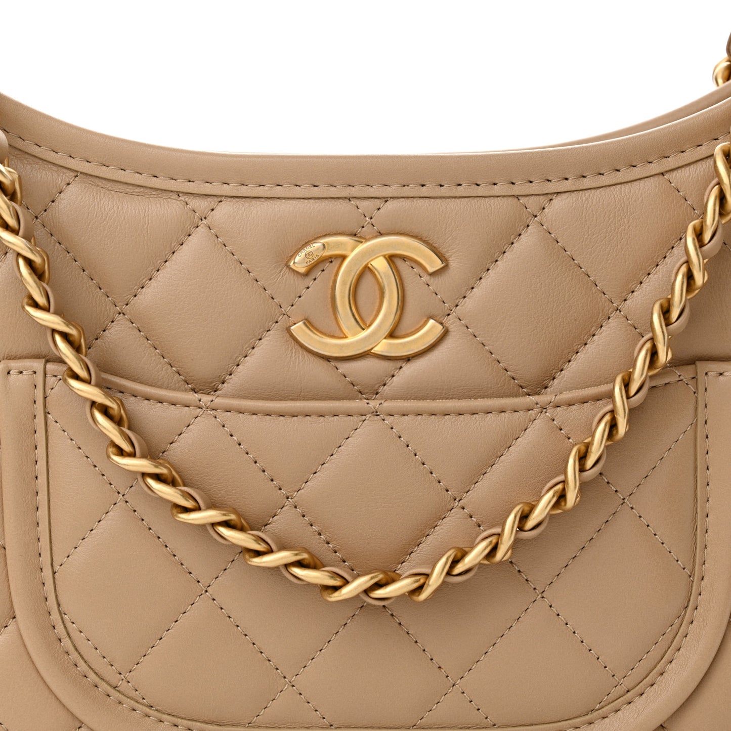 Calfskin Quilted CC Hobo Handbag Beige