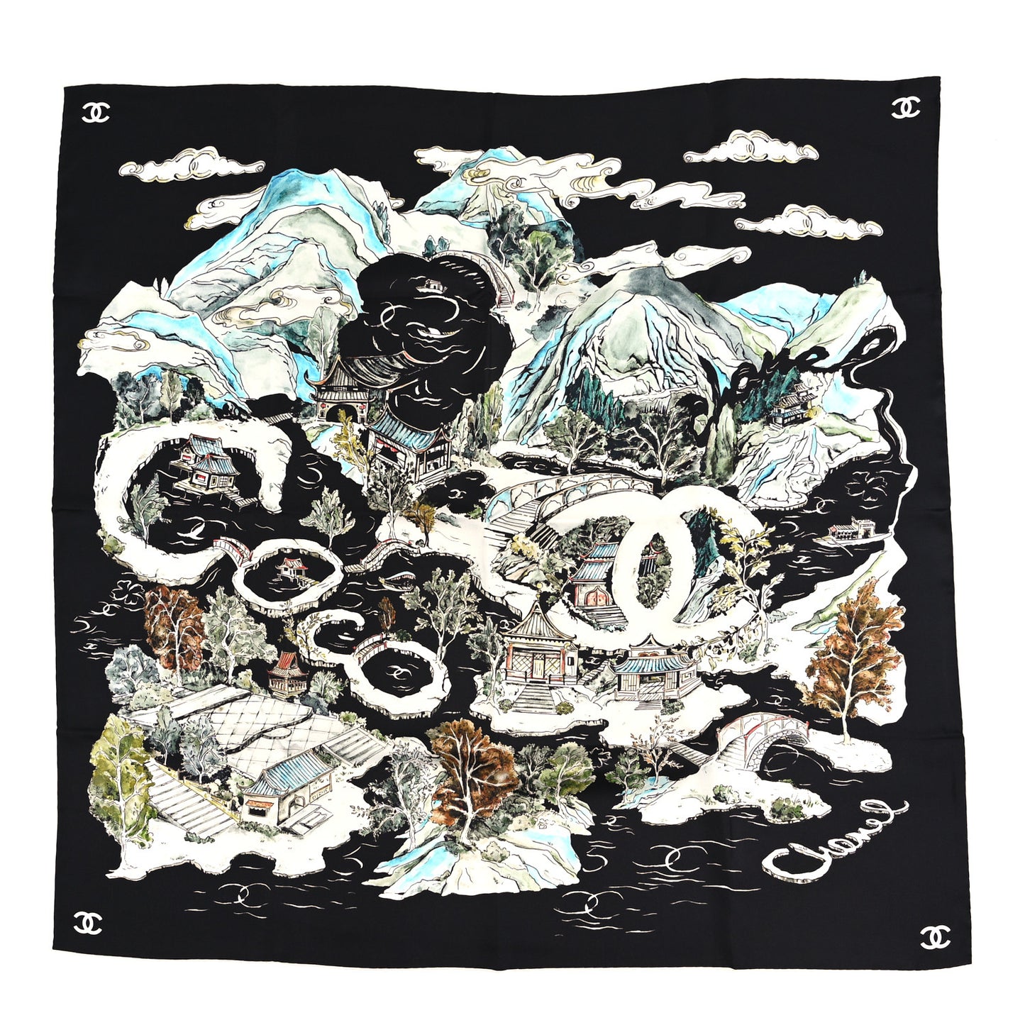 Silk CC Square Scarf Black Multicolor