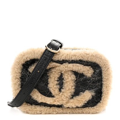 Chanel Shiny Crumpled Sheepskin Shearling Waist Bag Black Beige 1 of 10