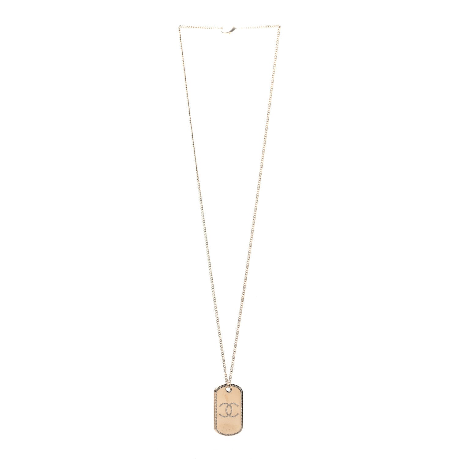 Chanel Metal Crystal Dog Tag Charm Necklace Gold 3 of 5