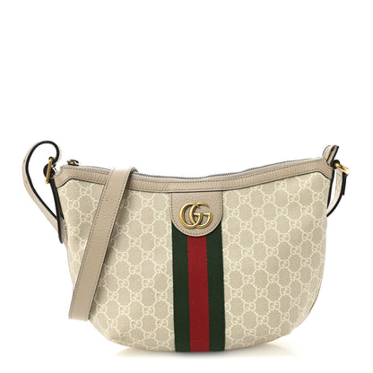 Gucci GG Supreme Monogram Textured Dollar Calfskin Web Small Ophidia Half Moon Hobo Beige Mystic White Oatmeal 1 of 11