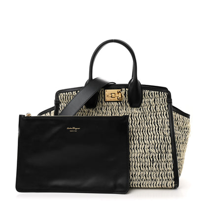 Salvatore Ferragamo Raffia Large Studio Bag Black White 3 of 11