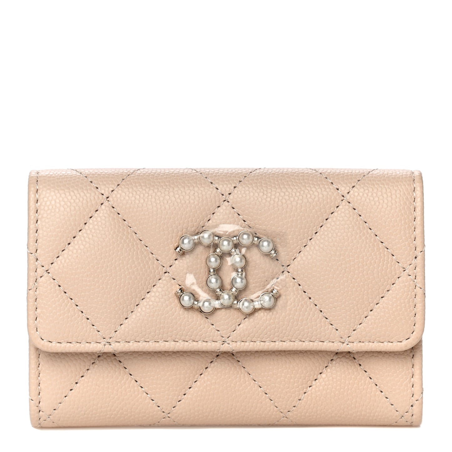 Caviar Pearl Quilted Coco Candy Flap Card Holder Beige