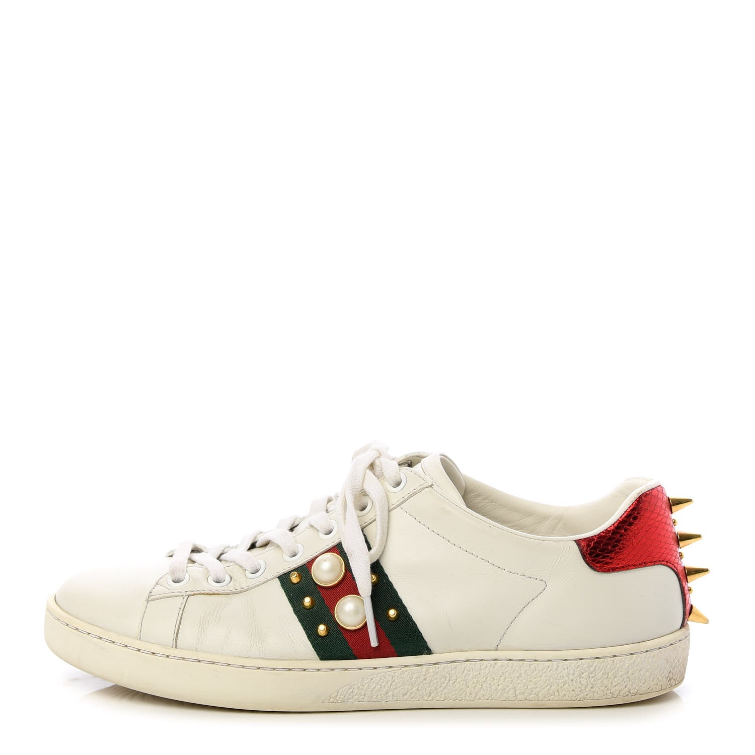 Gucci Calfskin Web Pearl Studded Womens Ace Sneakers 37.5 White 1 of 11