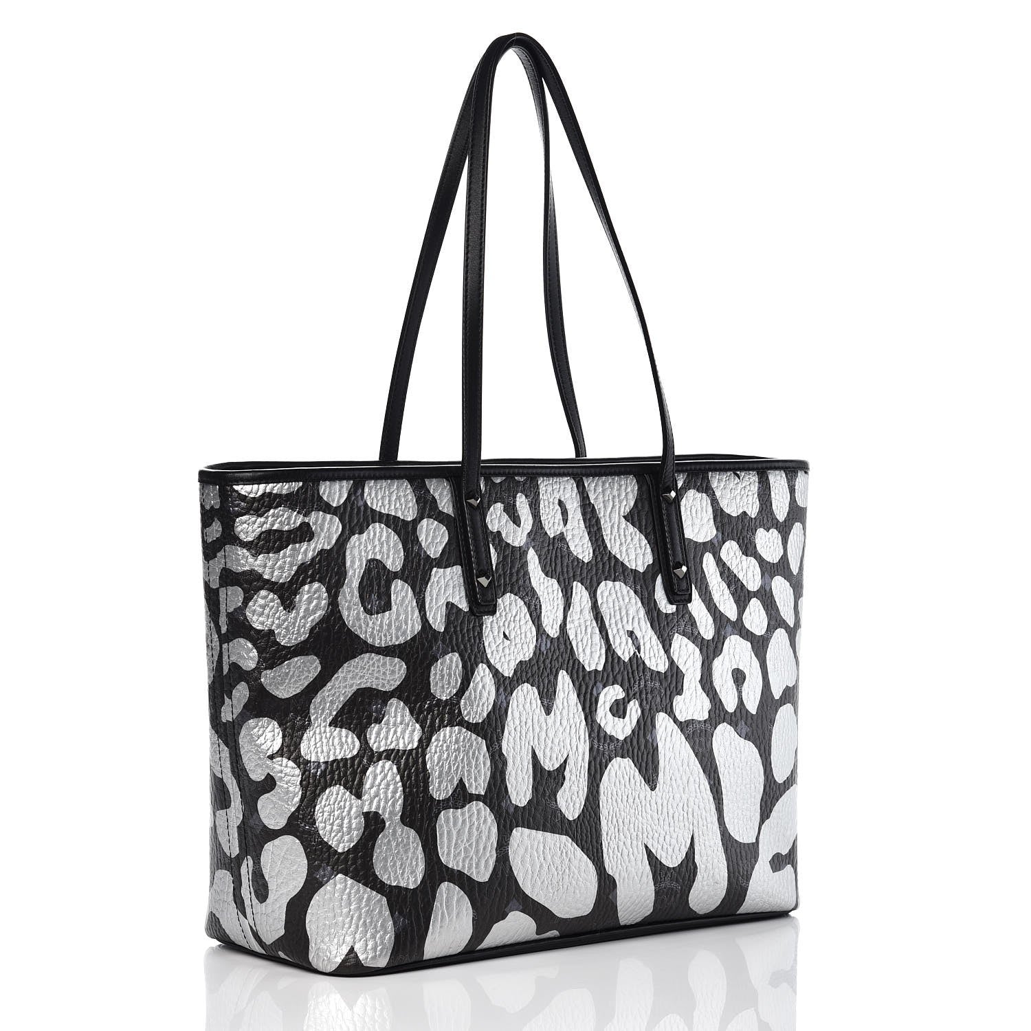 MCM Visetos Metallic Leopard Print Medium Anya Shopper Tote Black 3 of 10