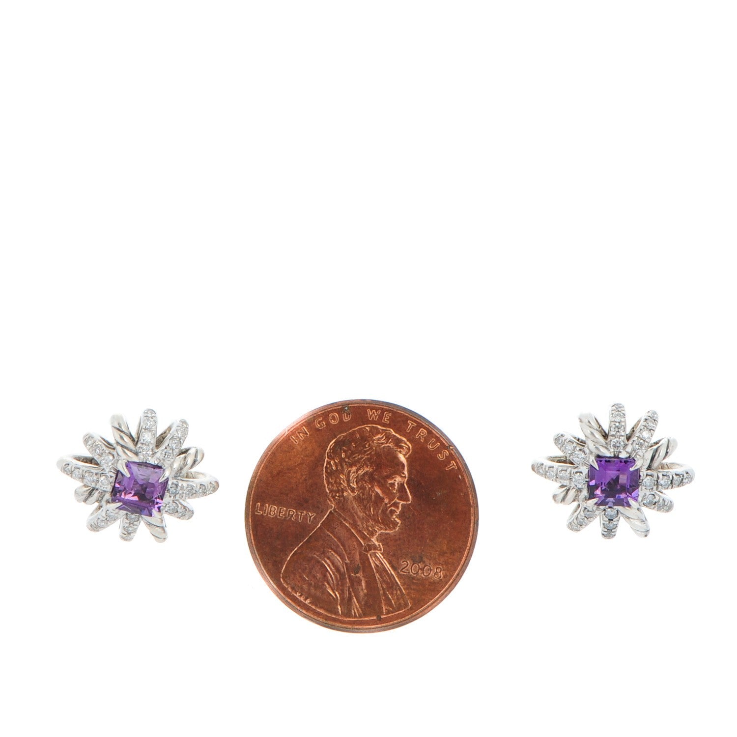 David Yurman Sterling Silver Pave Diamond Amethyst 12mm Starburst Earrings 2 of 5