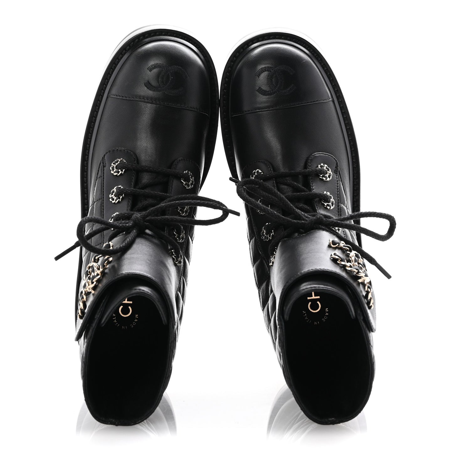Shiny Goatskin Calfskin Quilted Lace Up Combat Boots 37 Black