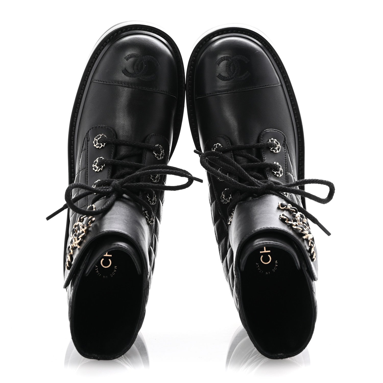 Chanel Shiny Goatskin Calfskin Quilted Lace Up Combat Boots 37 Black 2 of 10